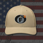 Beige cap with a graphic design on an American flag background