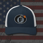 Navy and white cap with a bomb graphic on an American flag background