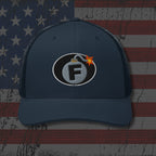 Navy blue cap with a bomb graphic featuring the letter 'F' on an American flag background