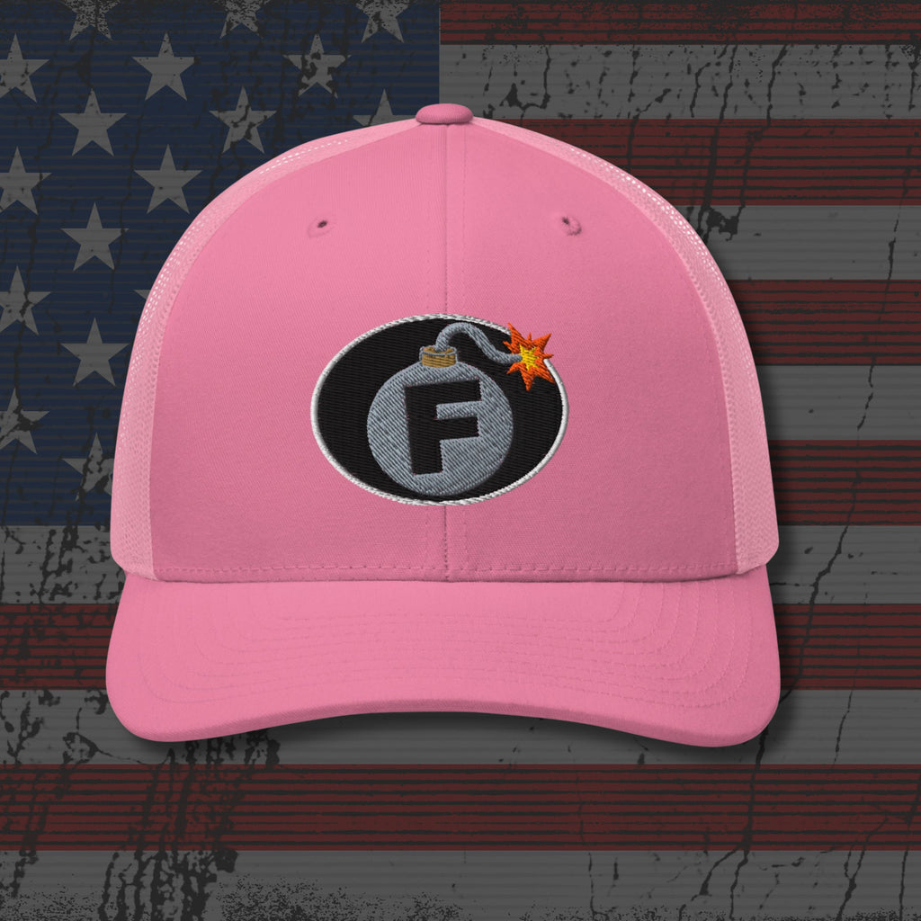 Pink cap with a bomb graphic featuring the letter 'F' on an American flag background