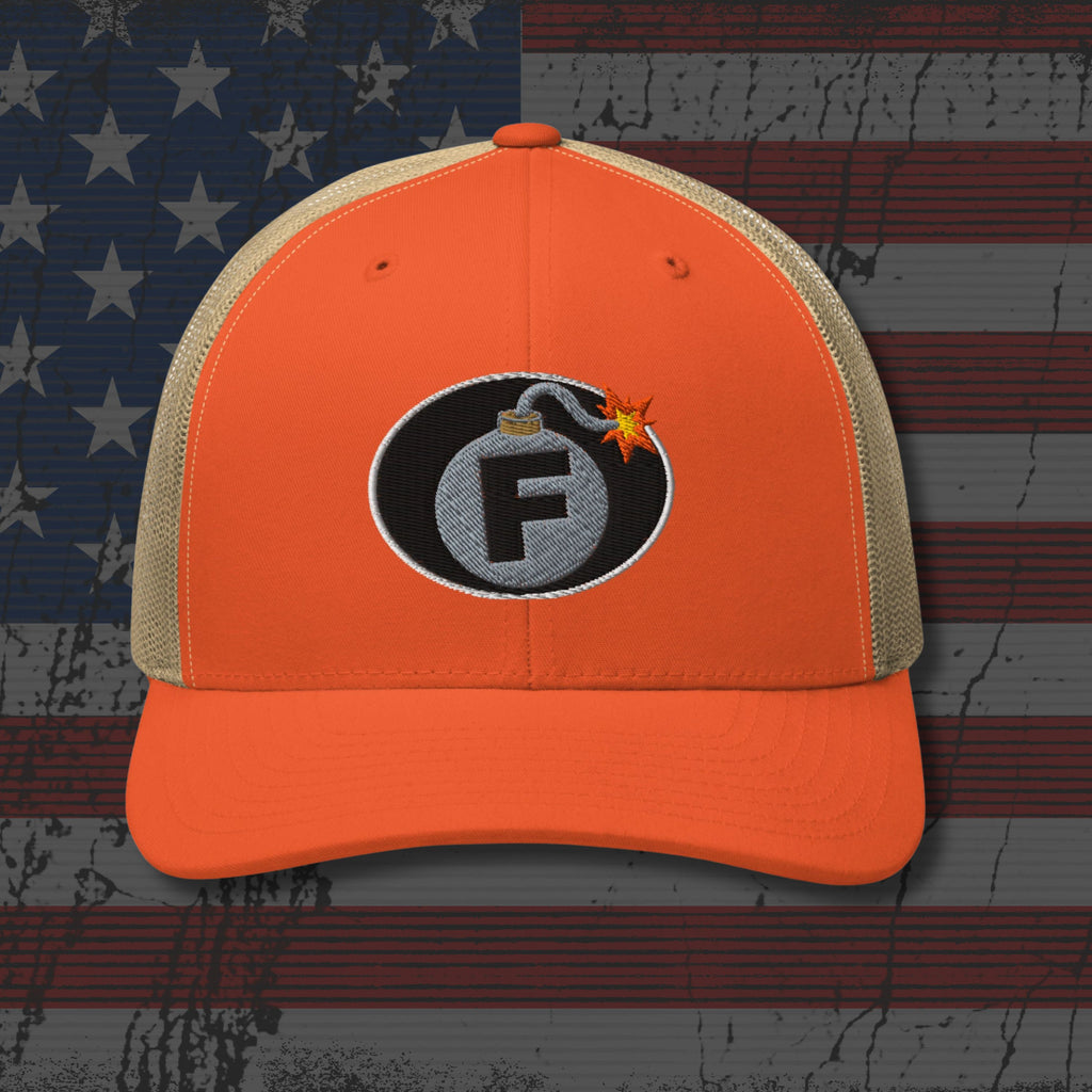 Orange cap with a bomb graphic featuring the letter 'F' on an American flag background
