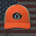 Orange cap with a bomb graphic featuring the letter 'F' on an American flag background