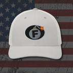 White cap with a bomb graphic featuring the letter 'F' on an American flag background