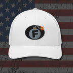 White cap with a bomb graphic featuring the letter 'F' on an American flag background