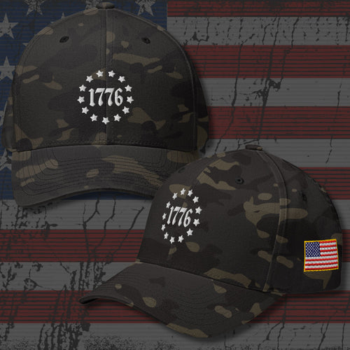 Multicam Black Flexfit hat with embroidered 1776 Betsy Ross Stars, front view