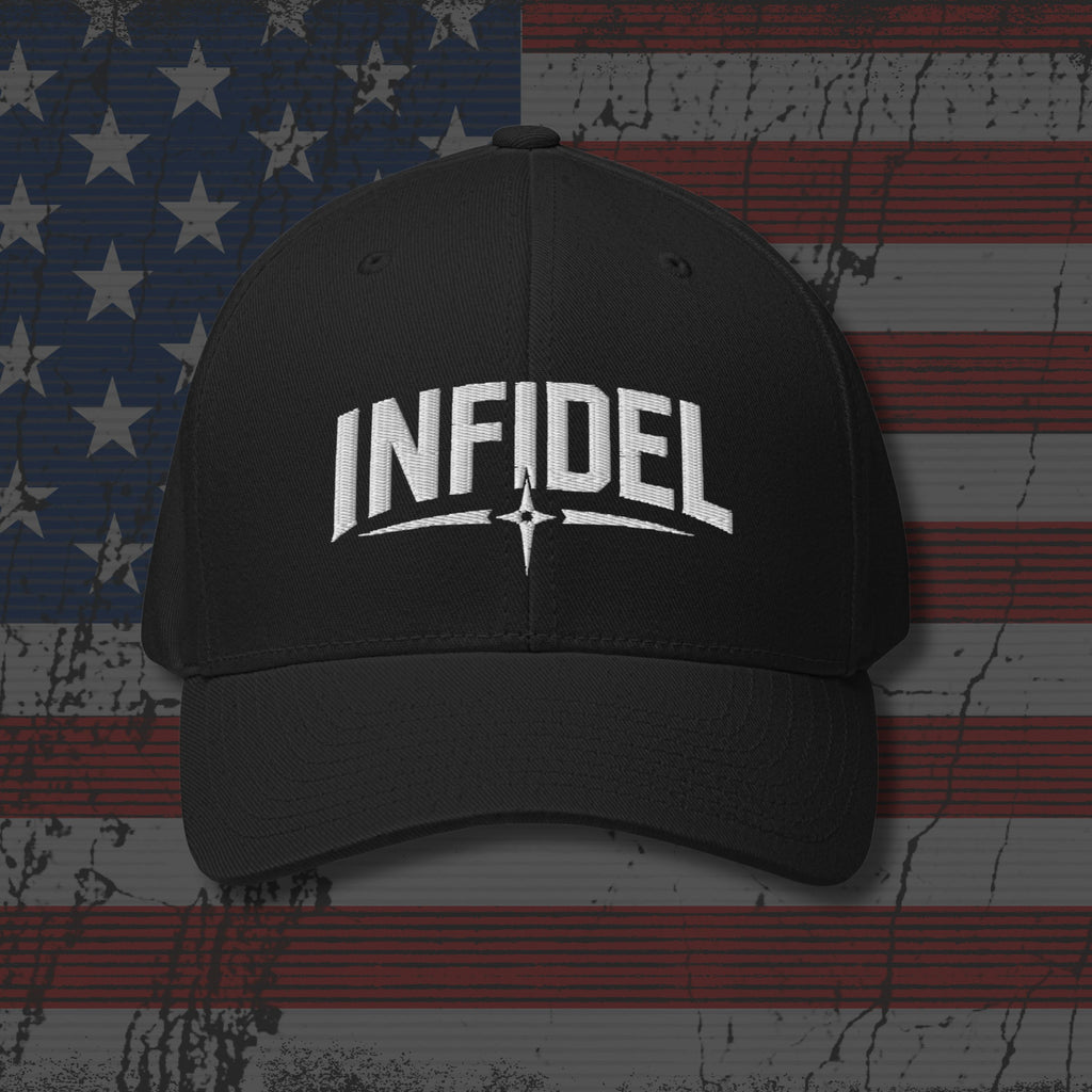 Black cap with 'INFIDEL' text on an American flag background