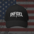 Black cap with 'INFIDEL' text on an American flag background