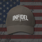 Olive colored baseball cap with 'INFIDEL' logo on distressed American flag background