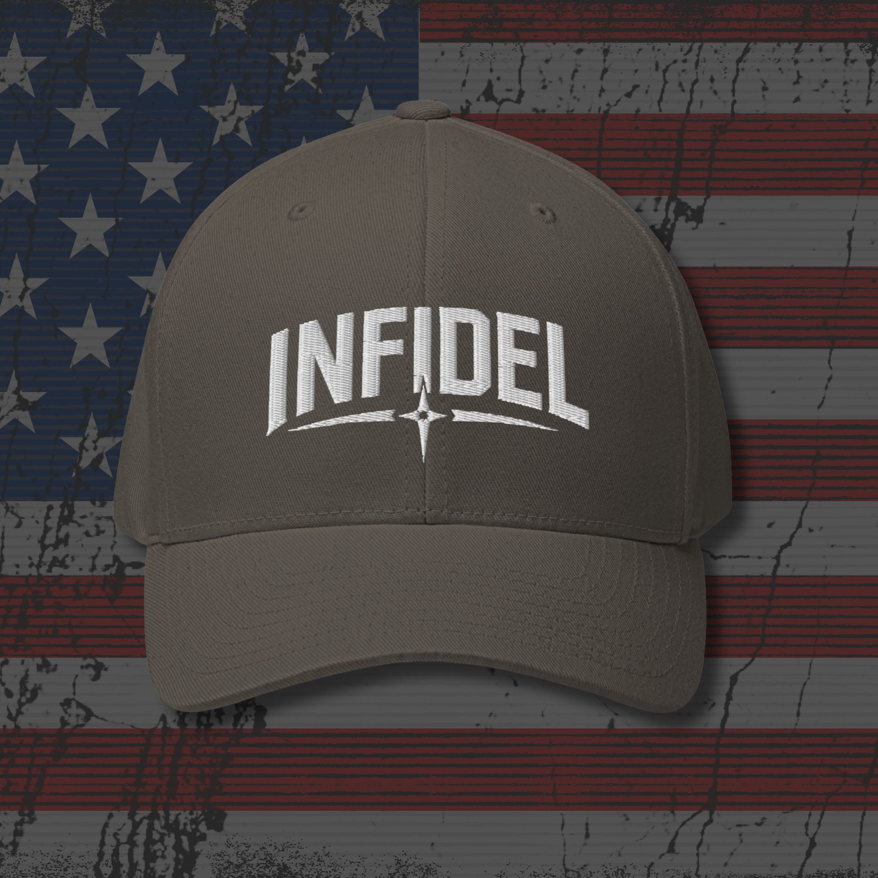 Olive colored baseball cap with 'INFIDEL' logo on distressed American flag background