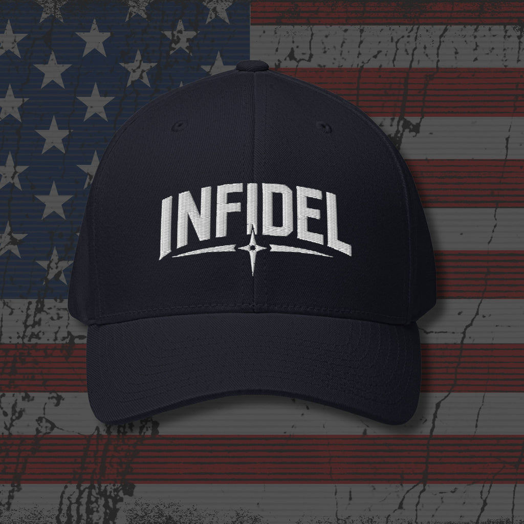 Black cap with 'INFIDEL' text on a distressed American flag background