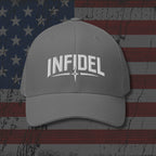 Grey cap with INFIDEL' logo on a distressed American flag background