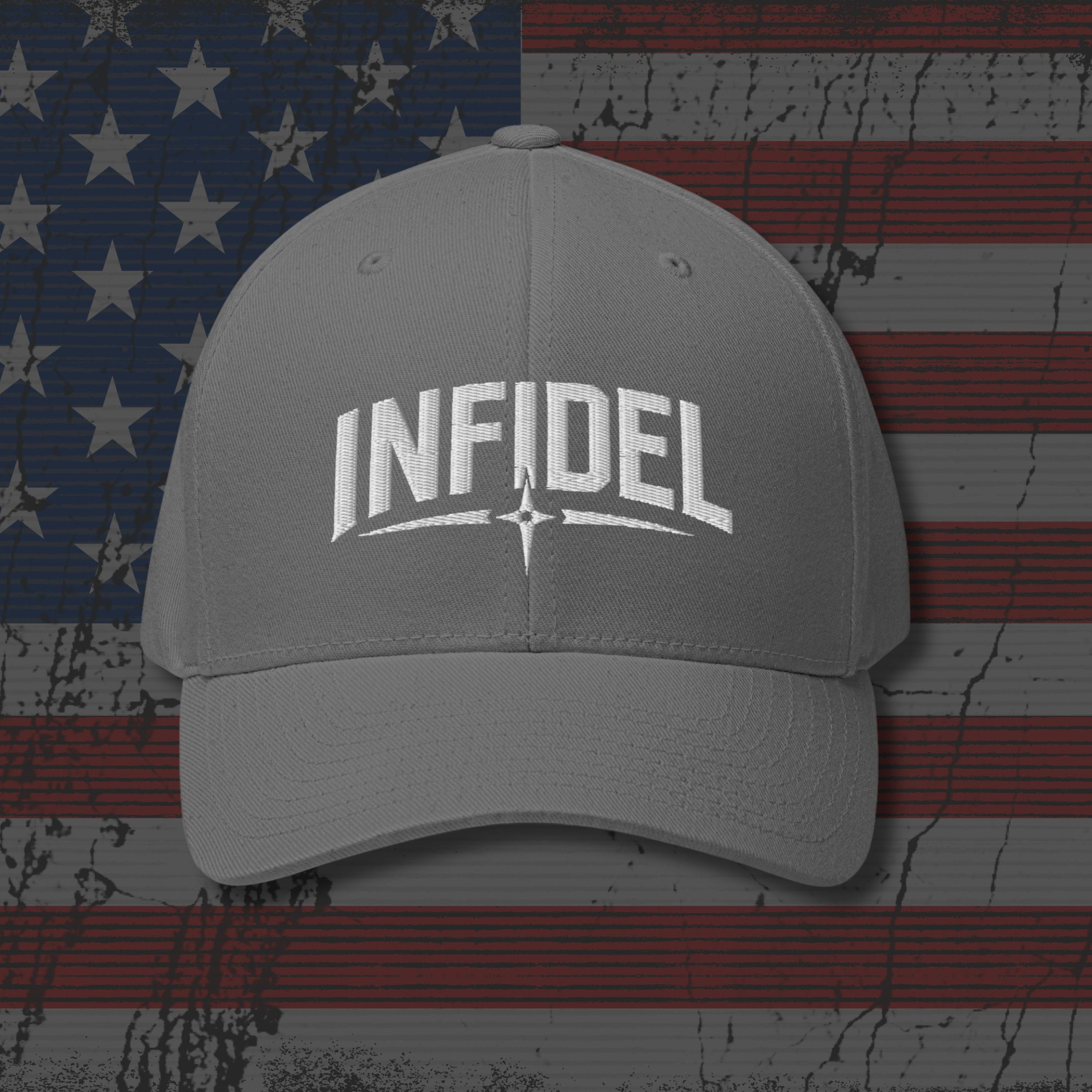 Grey cap with INFIDEL' logo on a distressed American flag background