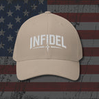 Beige cap with 'INFIDEL' logo on distressed American flag background
