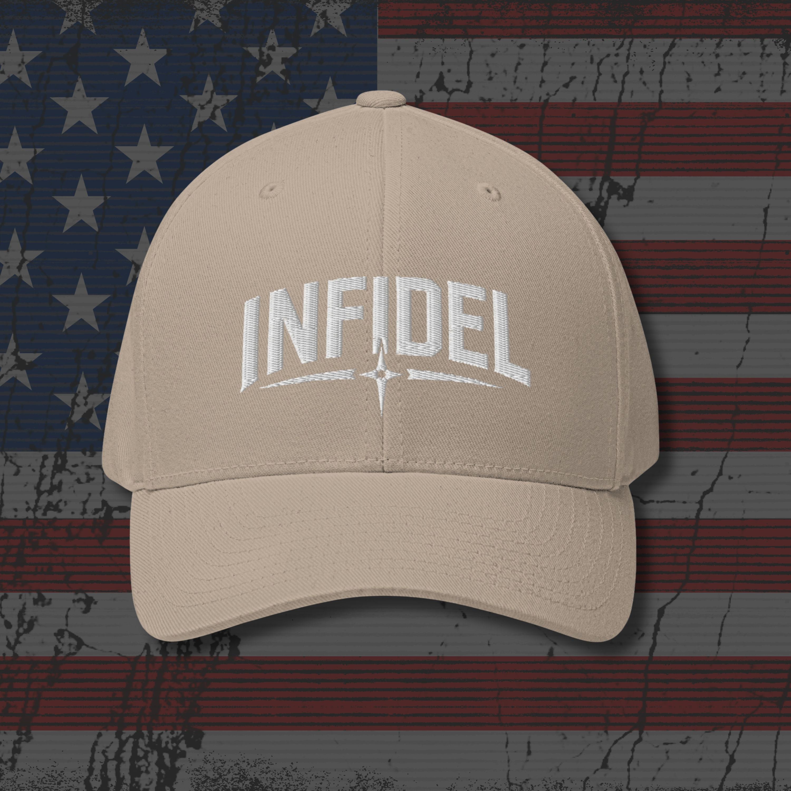 Beige cap with 'INFIDEL' logo on distressed American flag background