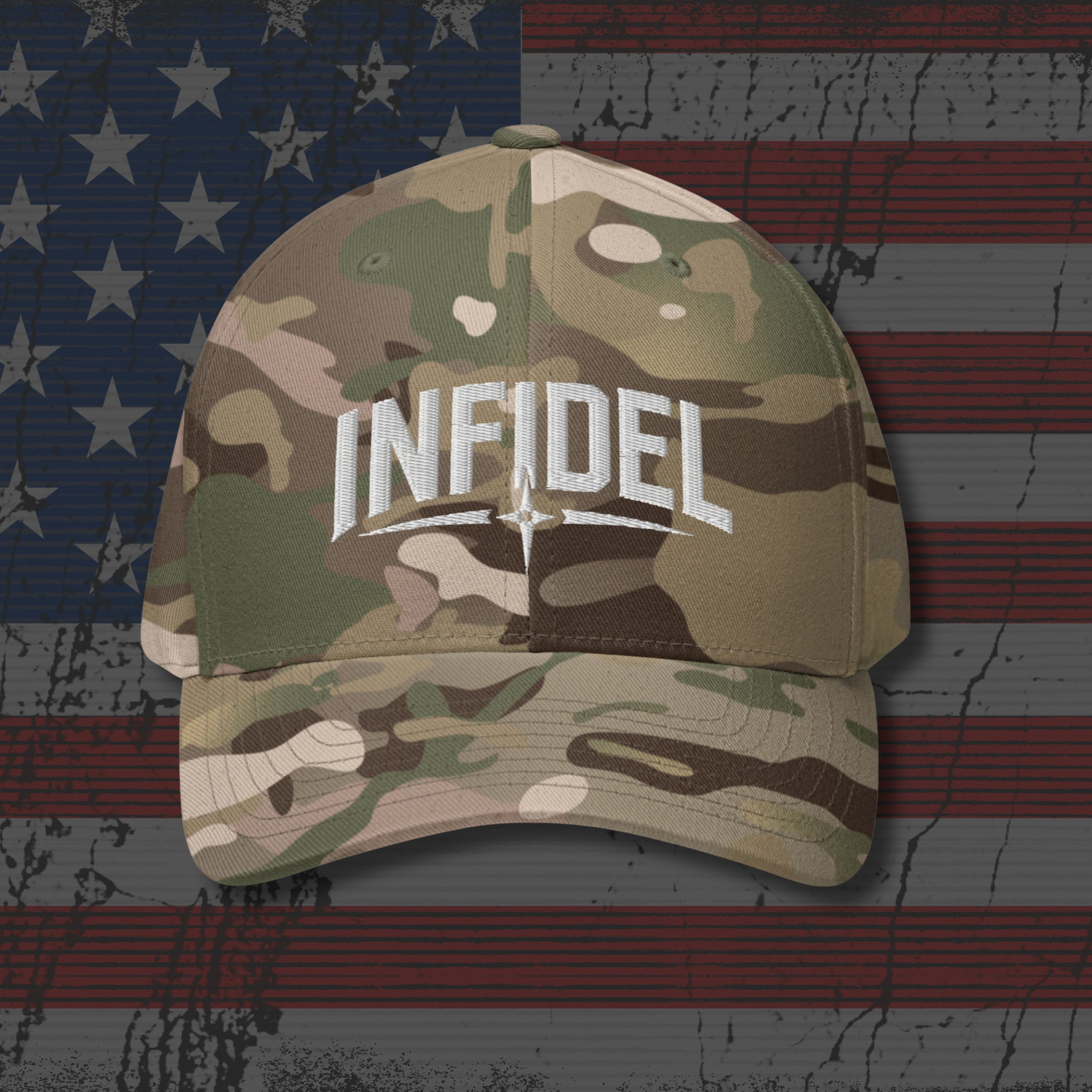 Camouflage cap with 'INFIDEL' text on an American flag background