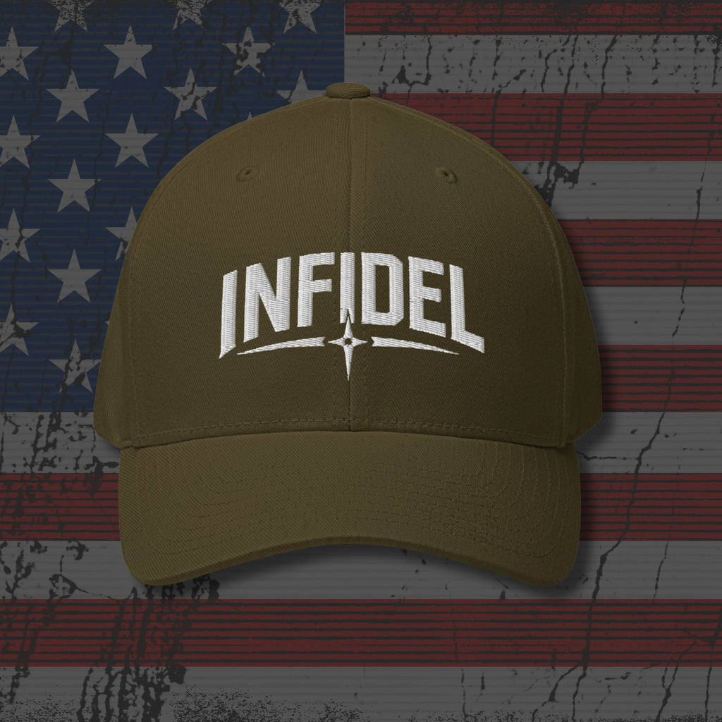 Brown cap with 'INFIDEL' text on an American flag background