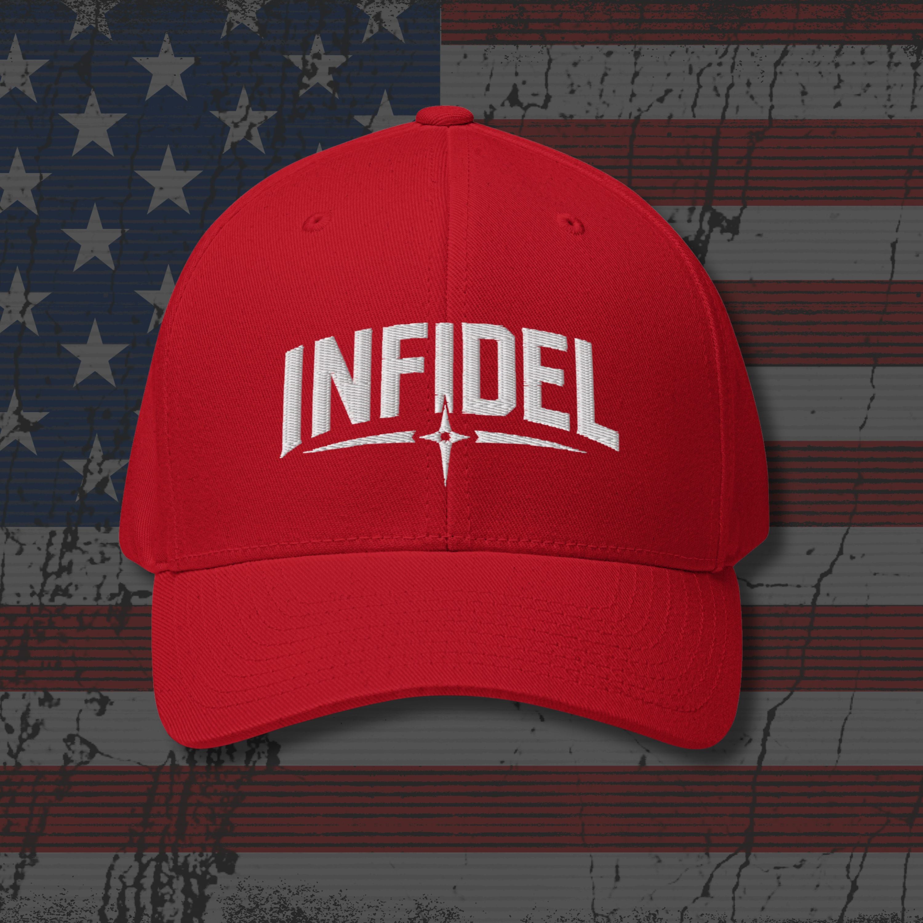 Red cap with 'INFIDEL' text on a distressed American flag background