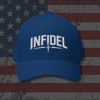 Blue cap with 'INFIDEL' text on an American flag background