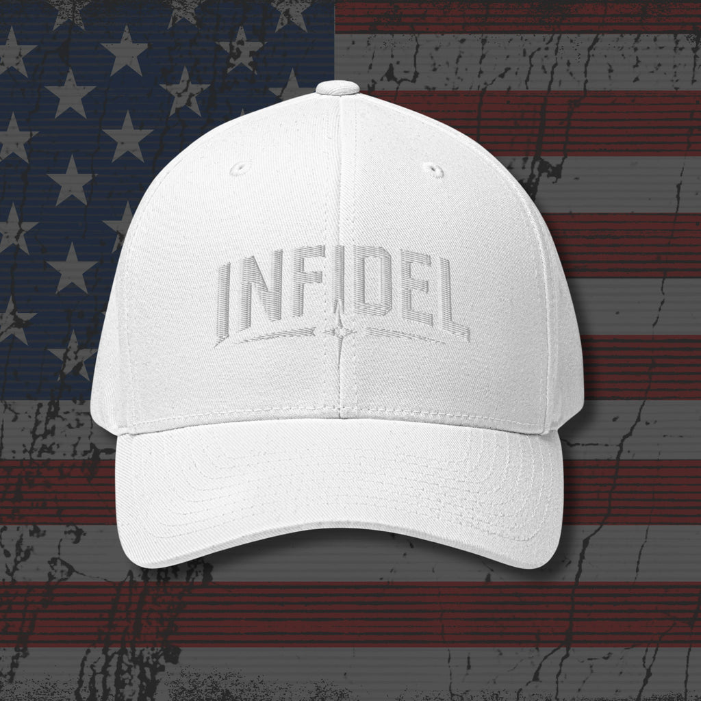 White cap with 'INFIDEL' logo on distressed American flag background