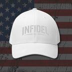 White cap with 'INFIDEL' logo on distressed American flag background
