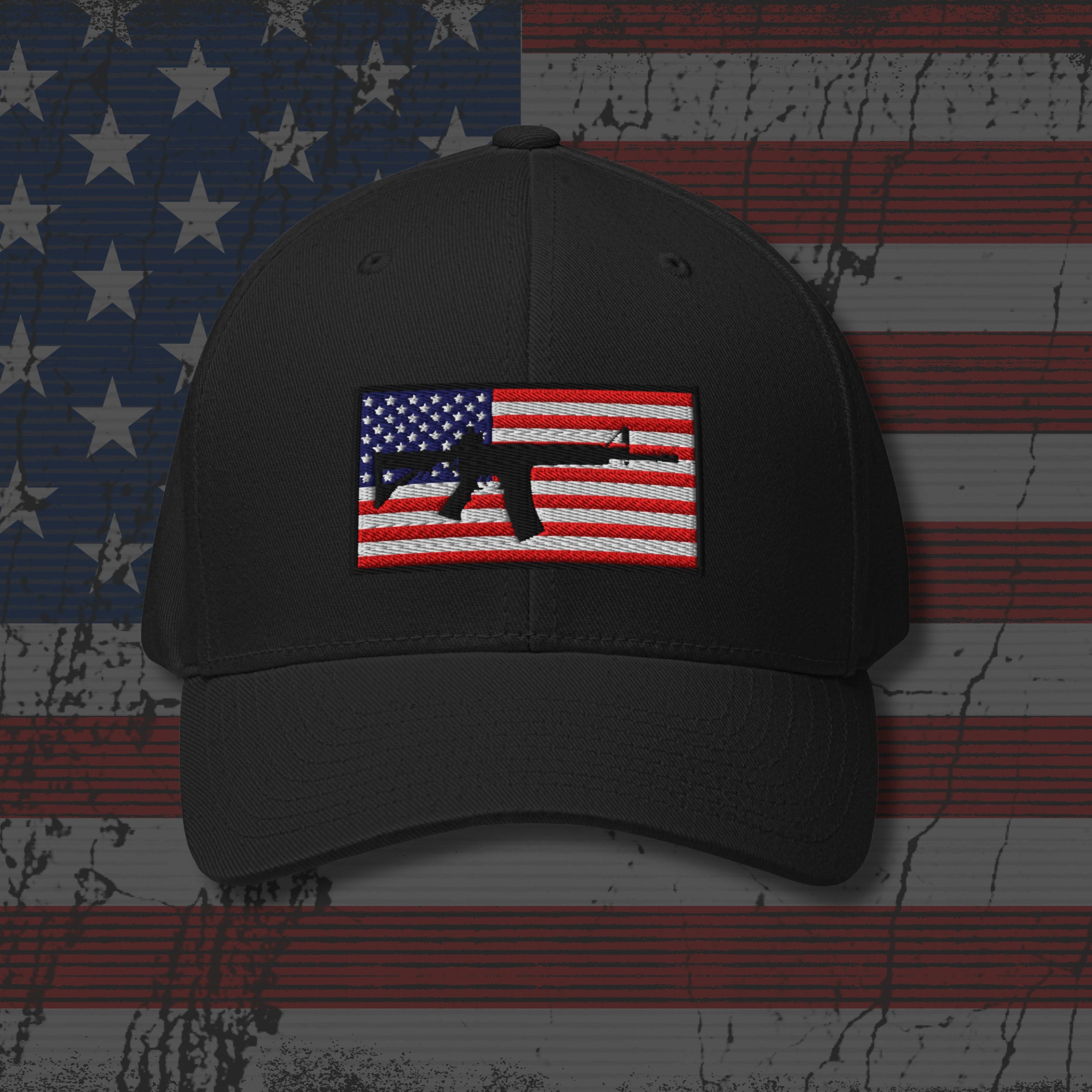 Black cap with American flag patch on a distressed American flag background