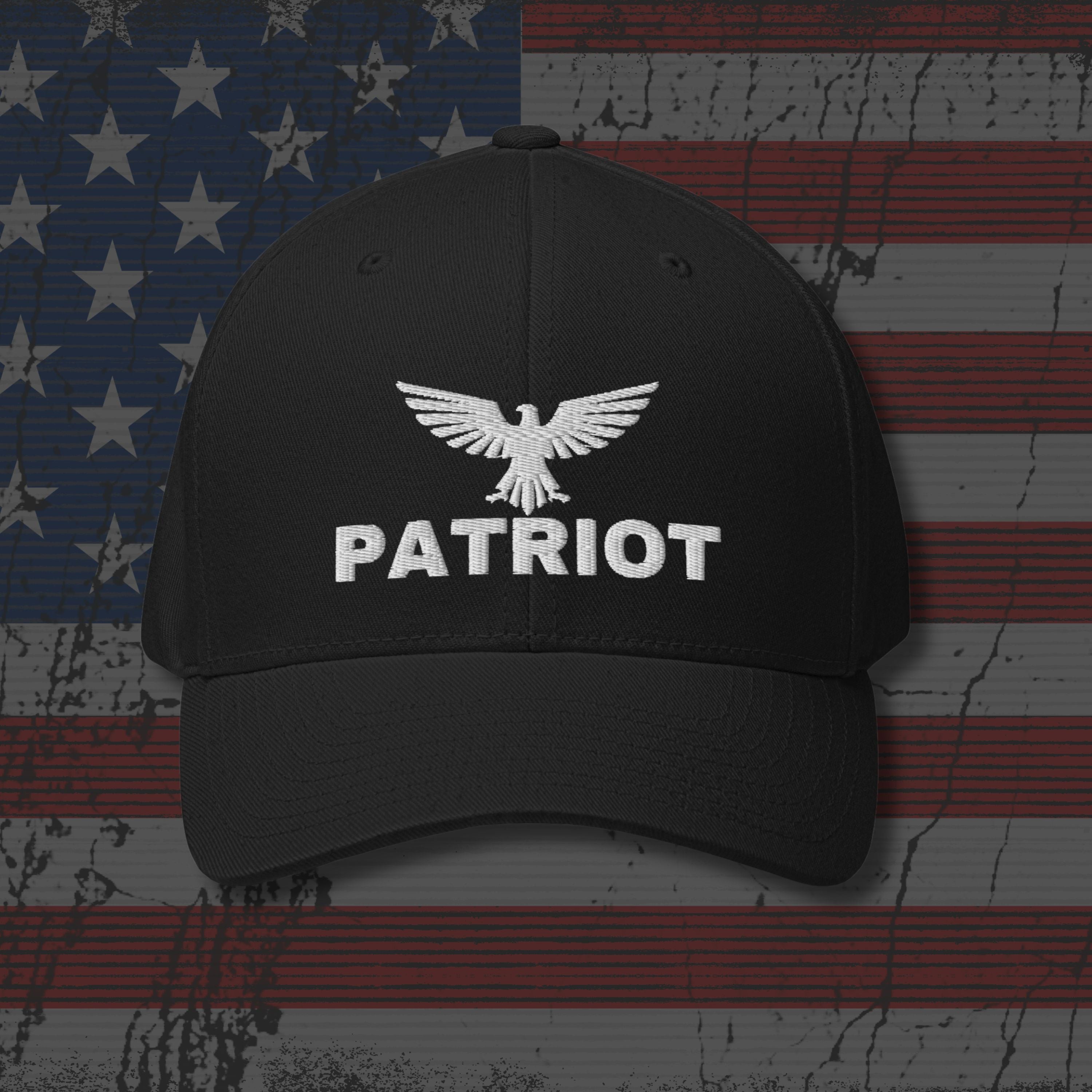 Black cap with 'Patriot' and an eagle logo on an American flag background