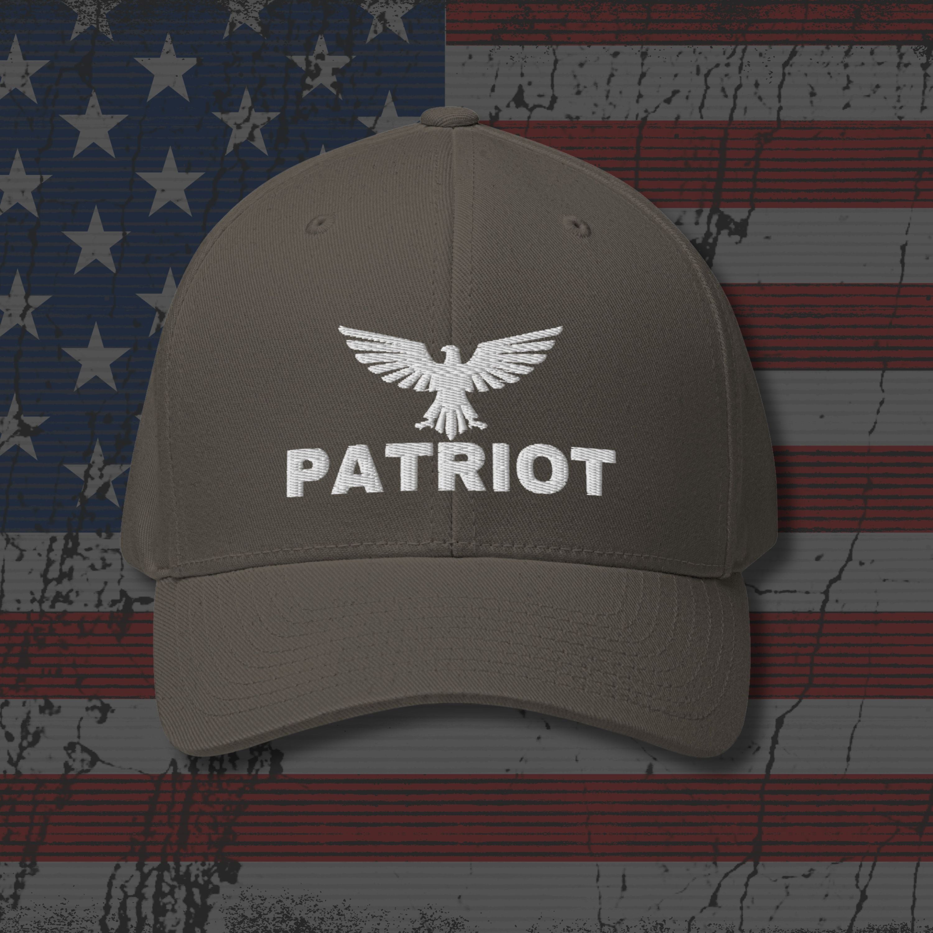 Beige cap with 'Patriot' logo on an American flag background
