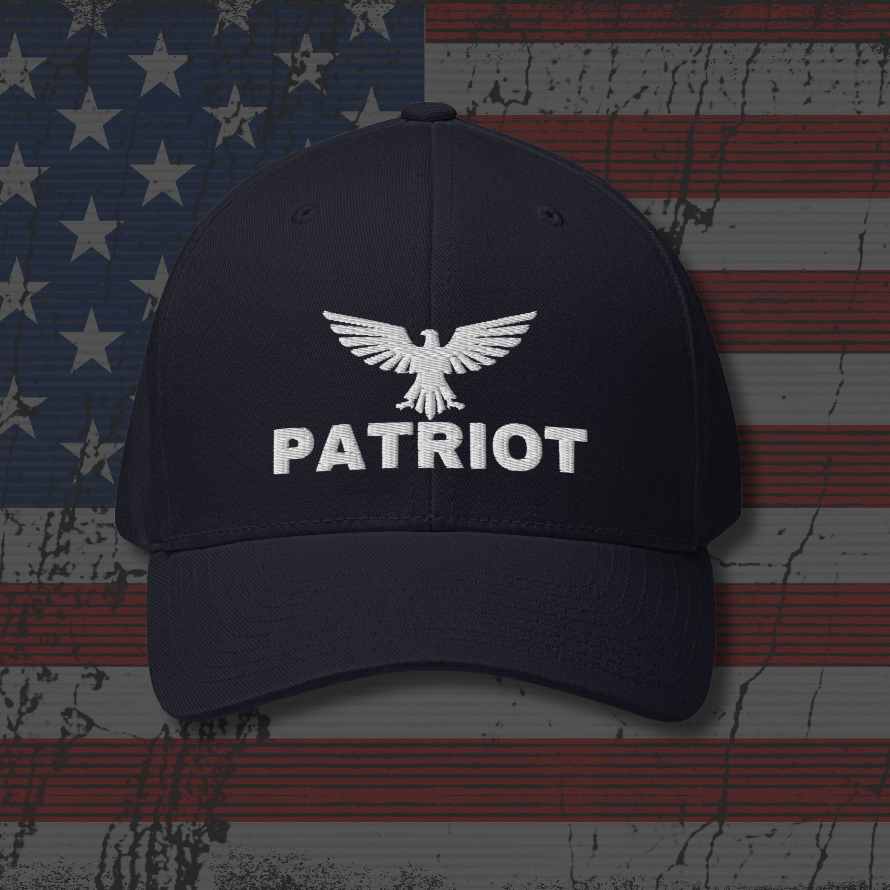 Black cap with 'Patriot' logo on an American flag background