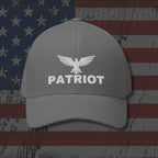 Gray cap with 'Patriot' and eagle logo on an American flag background