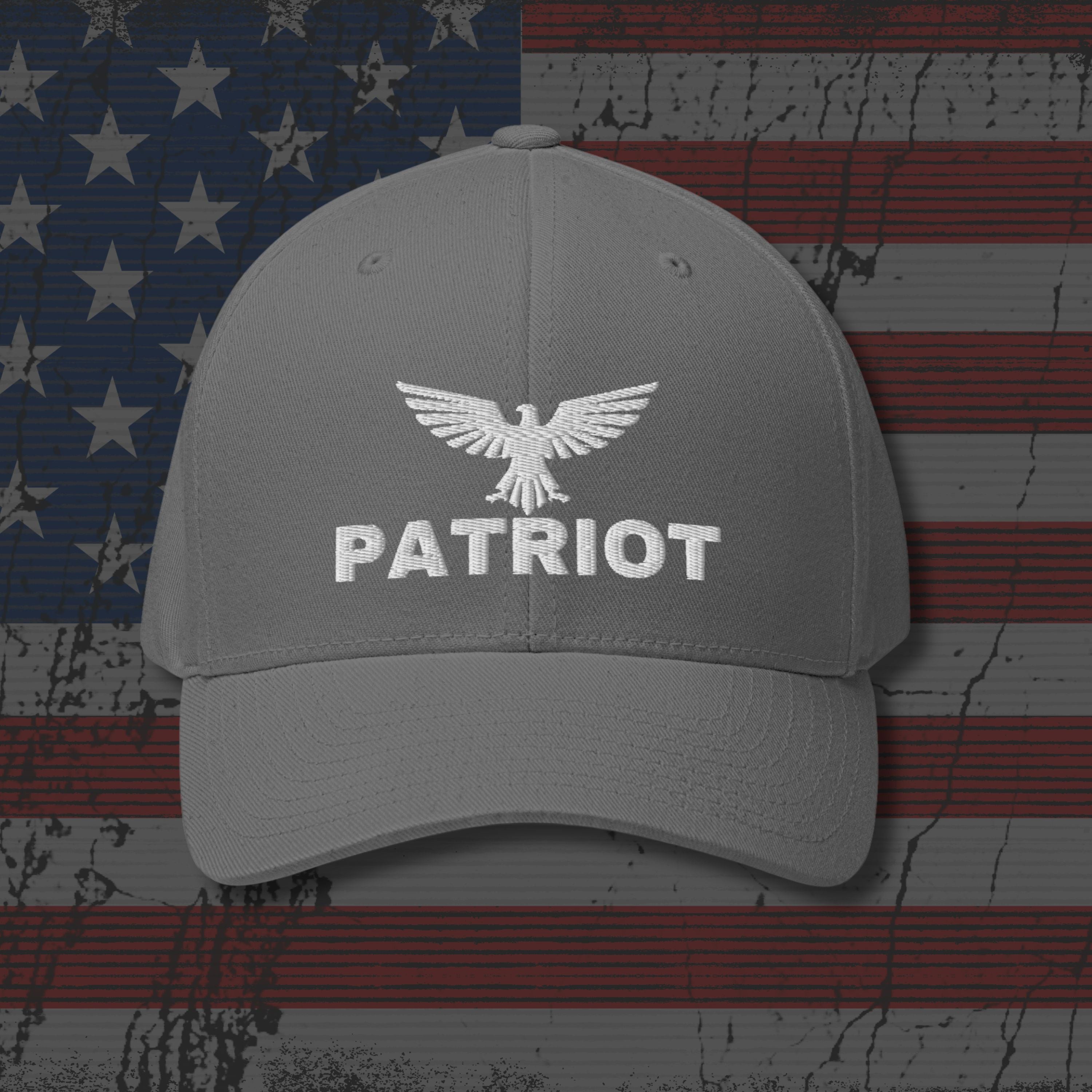 Gray cap with 'Patriot' and eagle logo on an American flag background