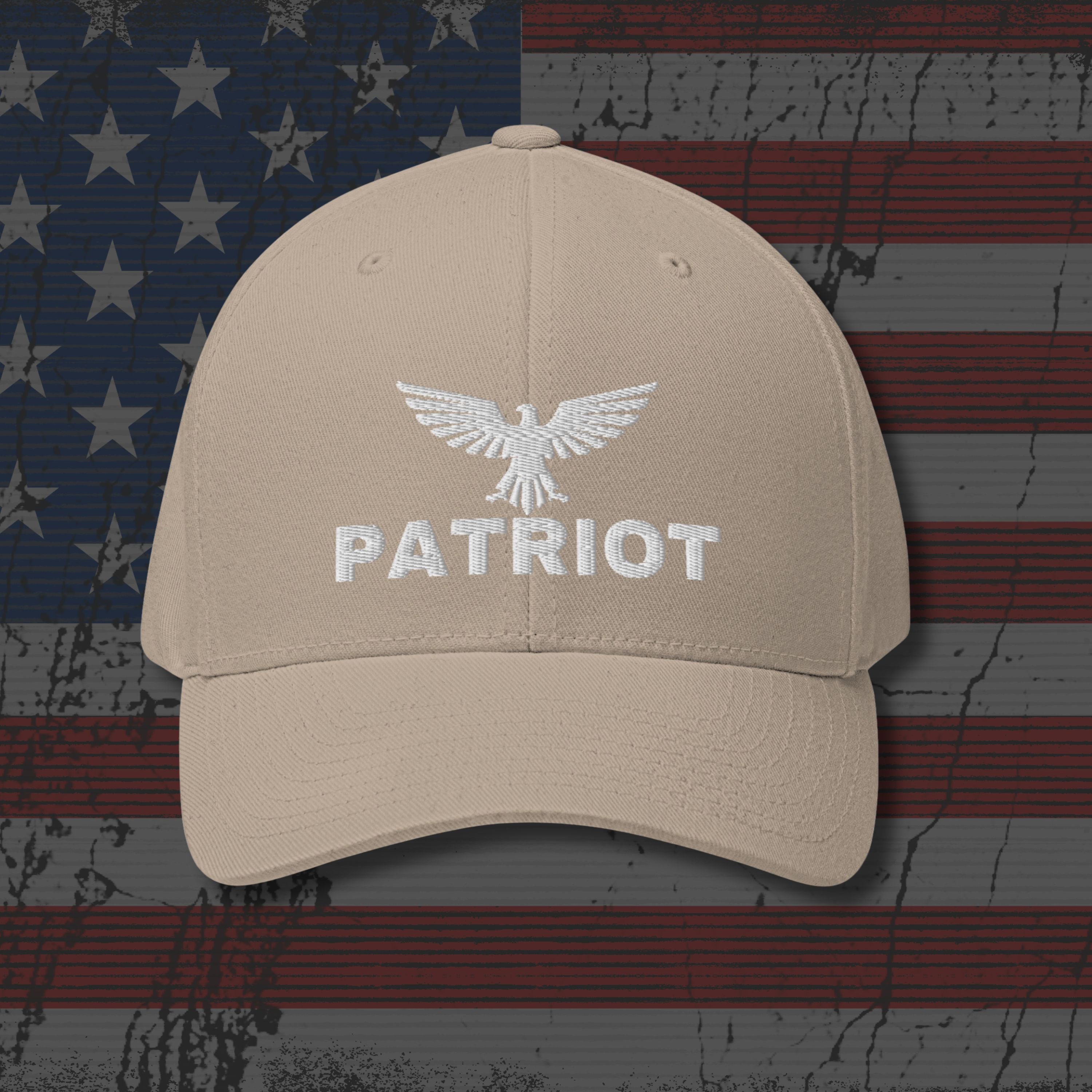 Beige cap with 'Patriot' and eagle logo on an American flag background