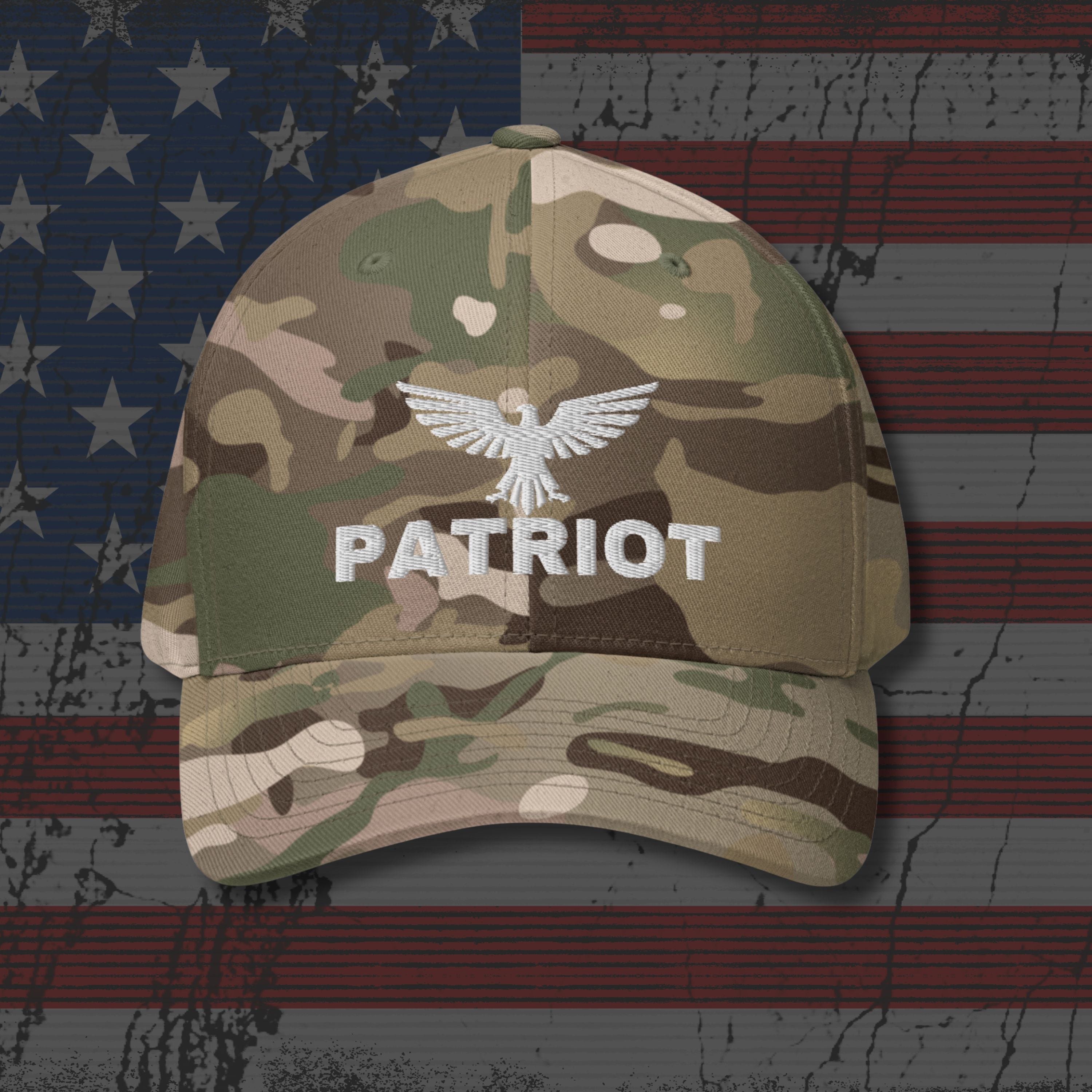 Camouflage cap with 'Patriot' and an eagle emblem on a distressed American flag background
