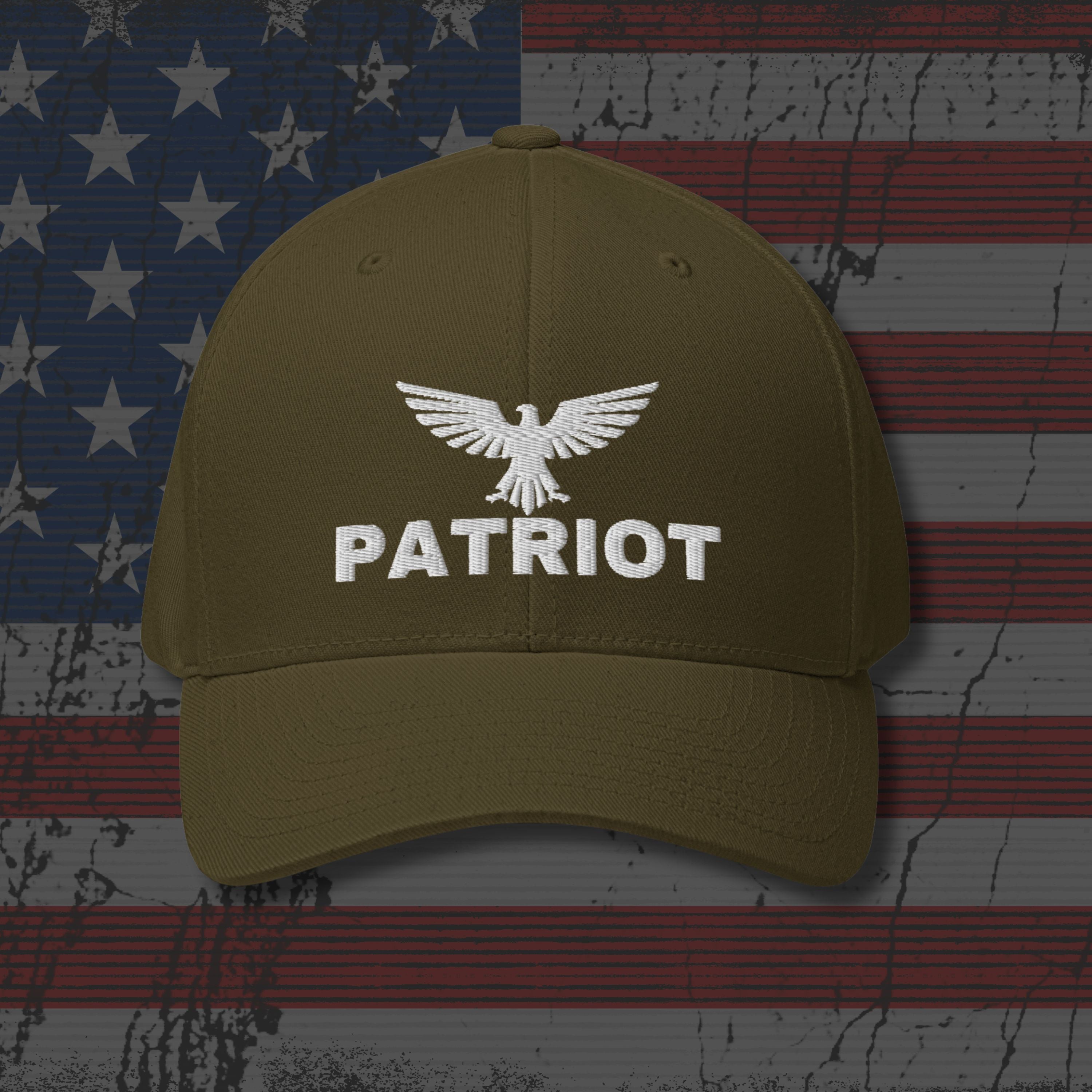 Brown cap with 'Patriot' and eagle logo on an American flag background