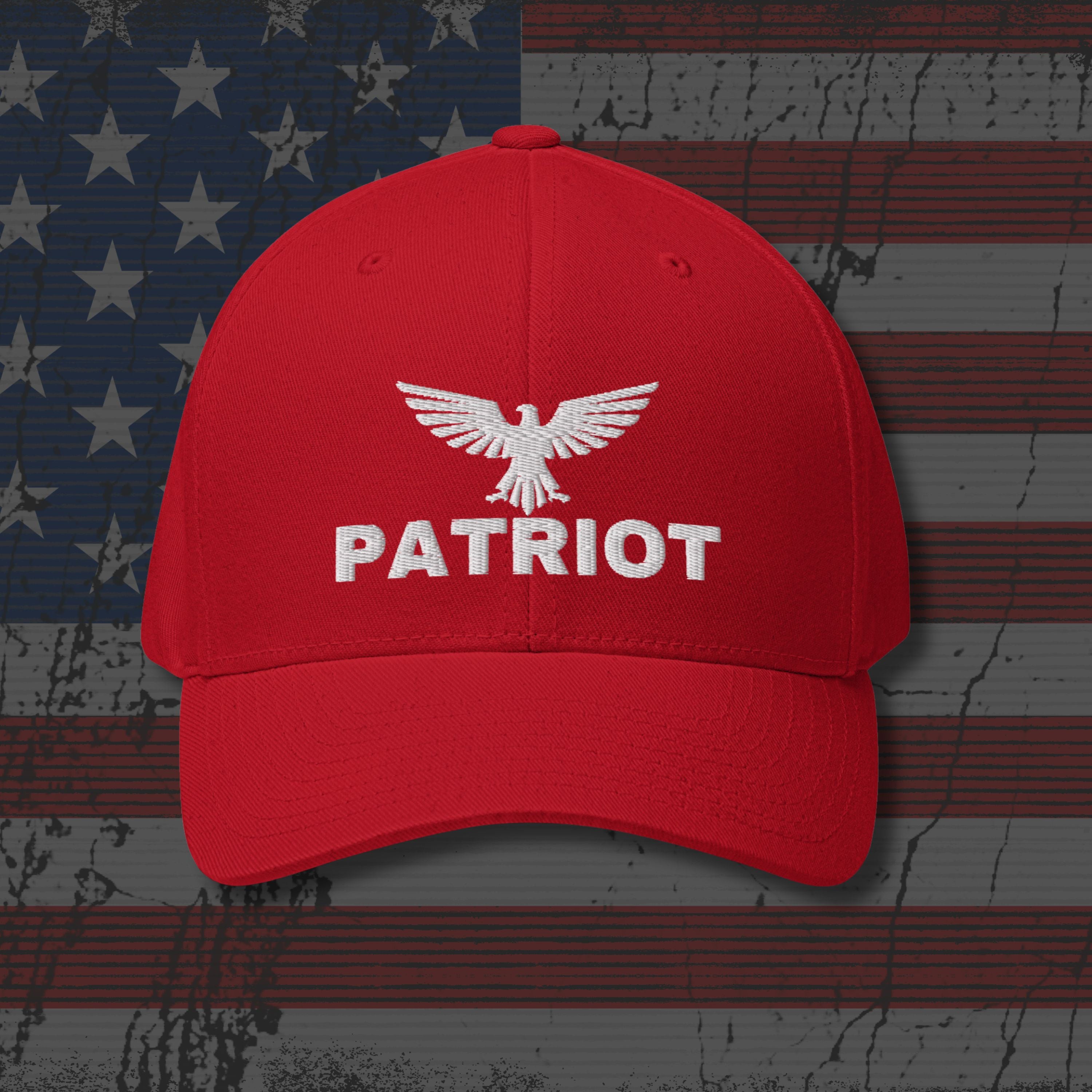 Red cap with 'Patriot' and an eagle logo on an American flag background