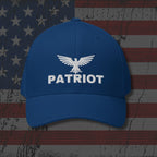 Blue cap with 'Patriot' and an eagle logo on an American flag background