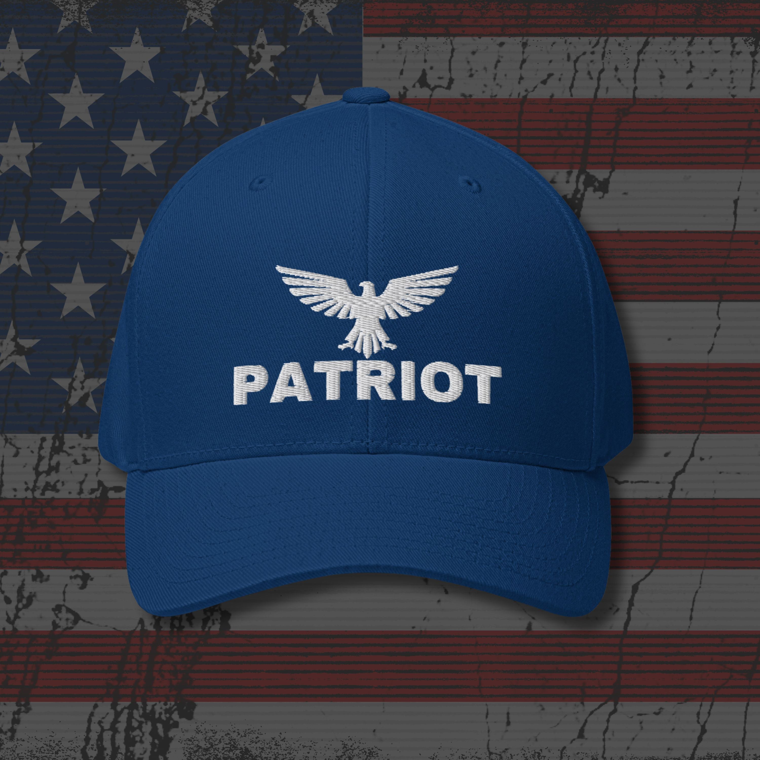 Blue cap with 'Patriot' and an eagle logo on an American flag background