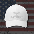 White cap with 'Patriot' logo on an American flag background