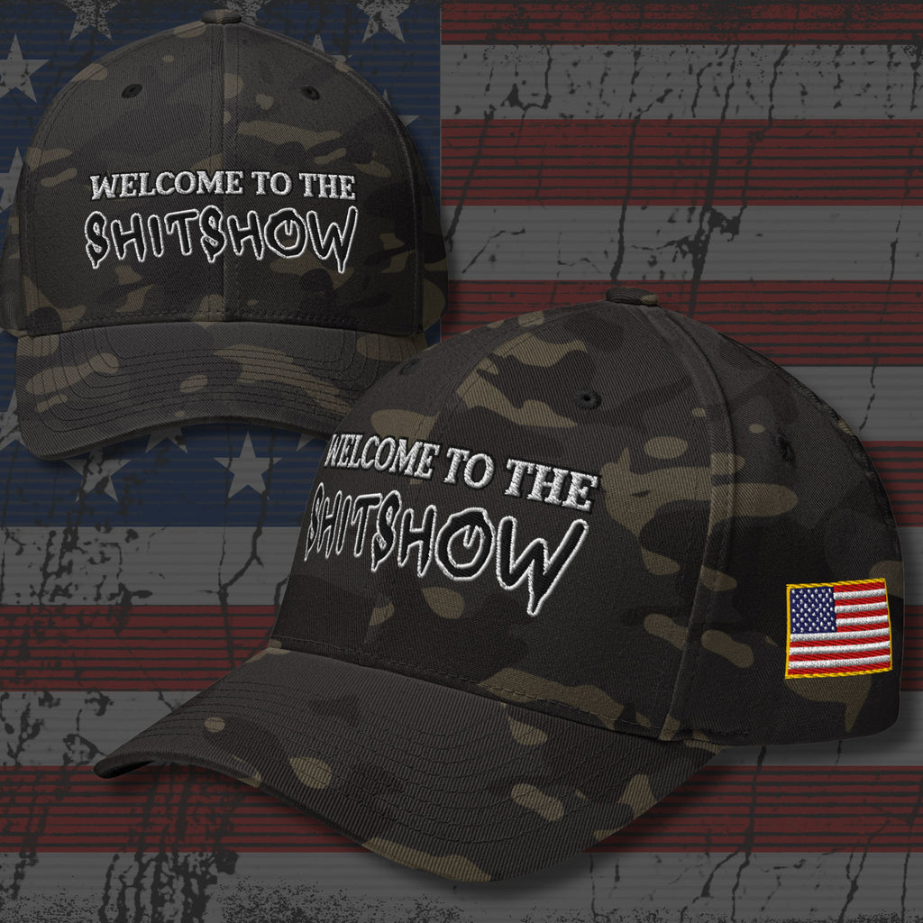 Flexfit baseball cap with "Welcome to the Shitshow" embroidered across the front, and USA flag embroidered along the left side.
