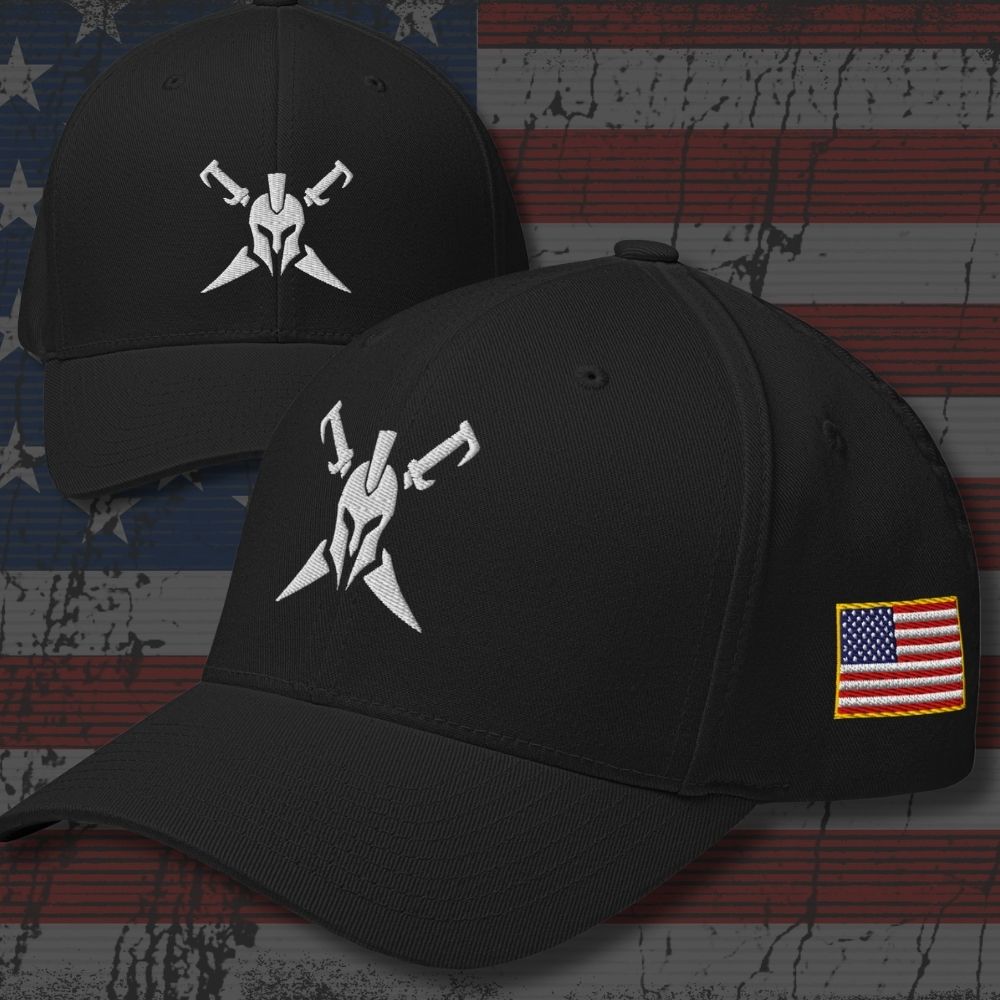 Two black baseball caps shown on a distressed American flag background. Each cap features a white embroidered crossed-sword helmet logo on the front and a small American flag patch on the side.
