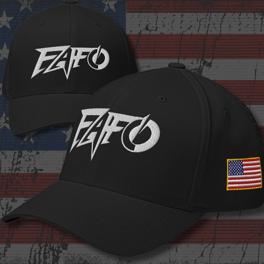 Two black baseball caps shown against a distressed American flag background. The front cap is in focus and shows a large white embroidered 'EAFO' logo on the front panel and a small American flag patch on the side.