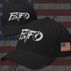 Two black baseball caps shown against a distressed American flag background. The front cap is in focus and shows a large white embroidered 'EAFO' logo on the front panel and a small American flag patch on the side.