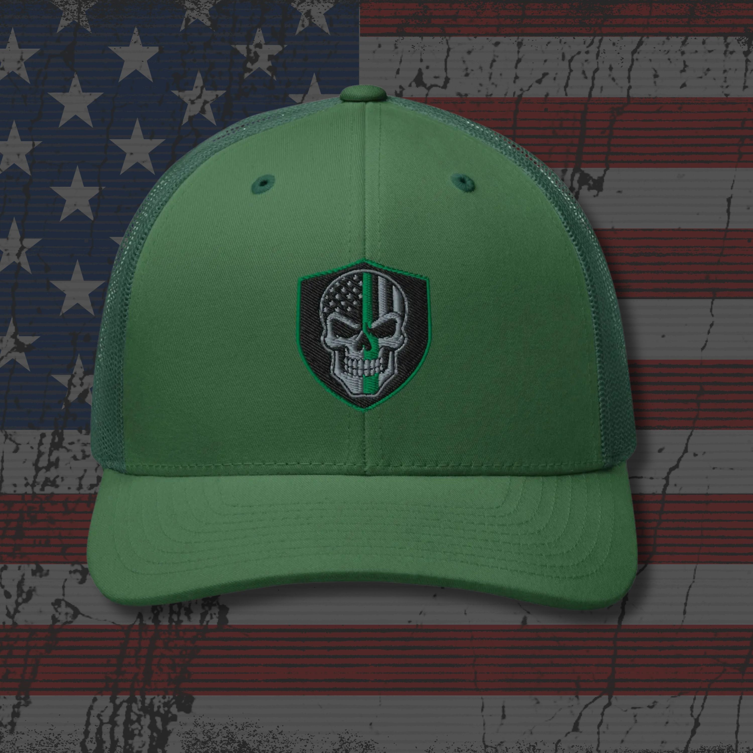 Green cap with a skull emblem on an American flag background
