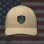 Beige cap with a skull emblem on an American flag background