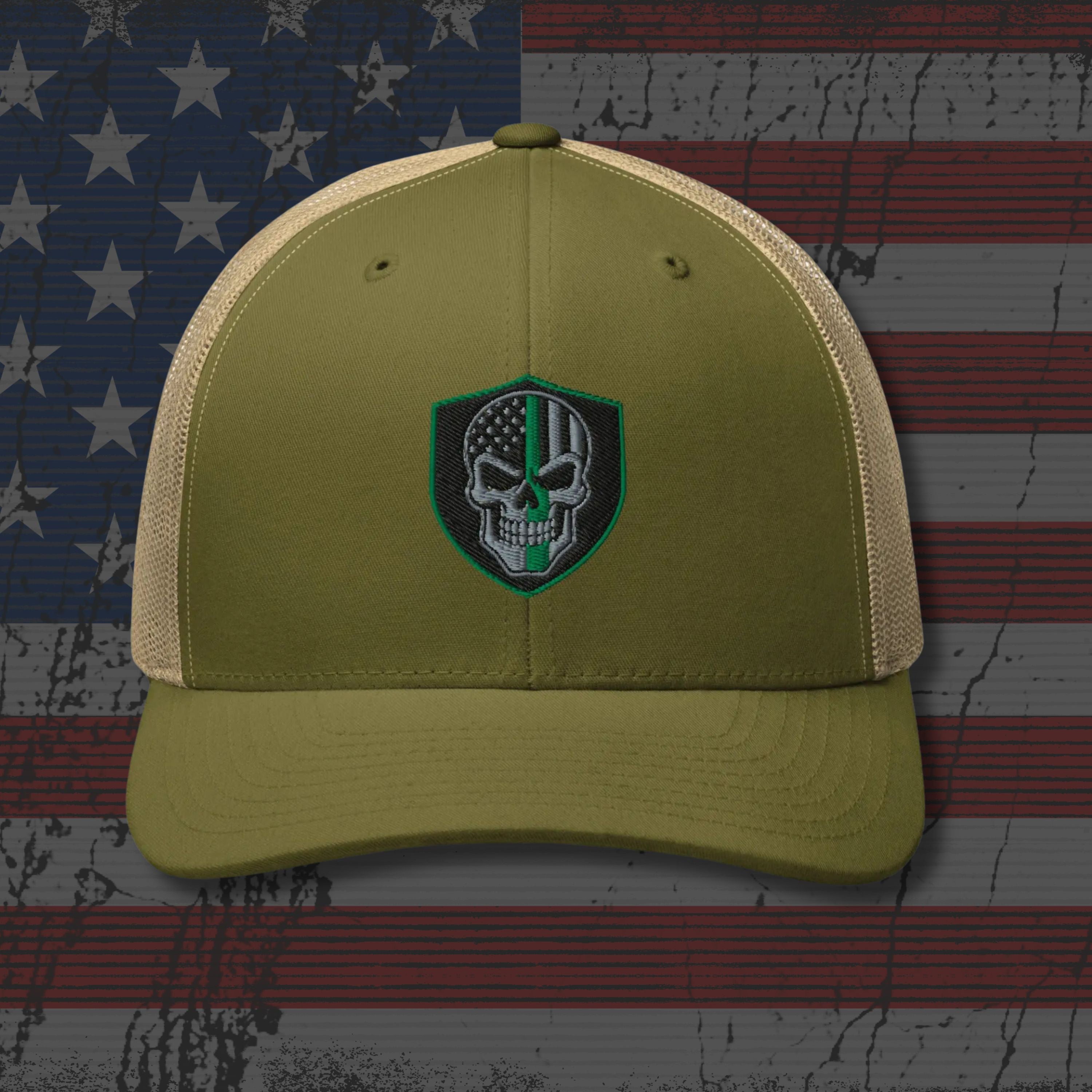 Green cap with a skull emblem on an American flag background