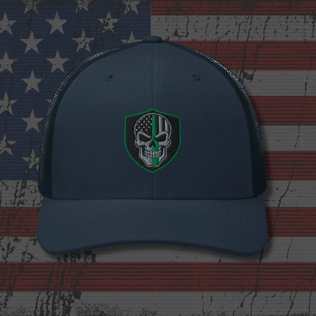 Blue cap with a skull emblem on an American flag background