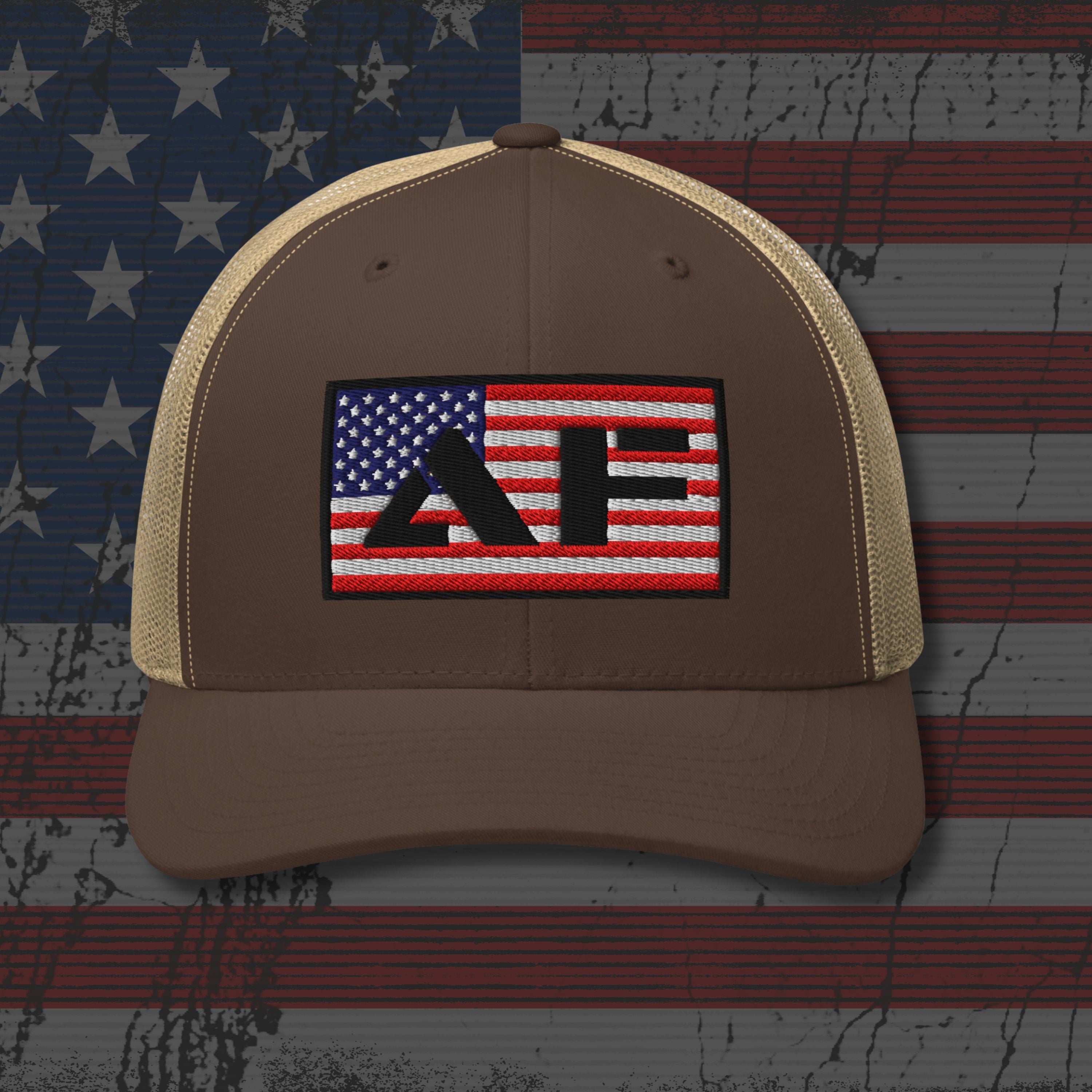 Brown cap with a logo on an American flag background