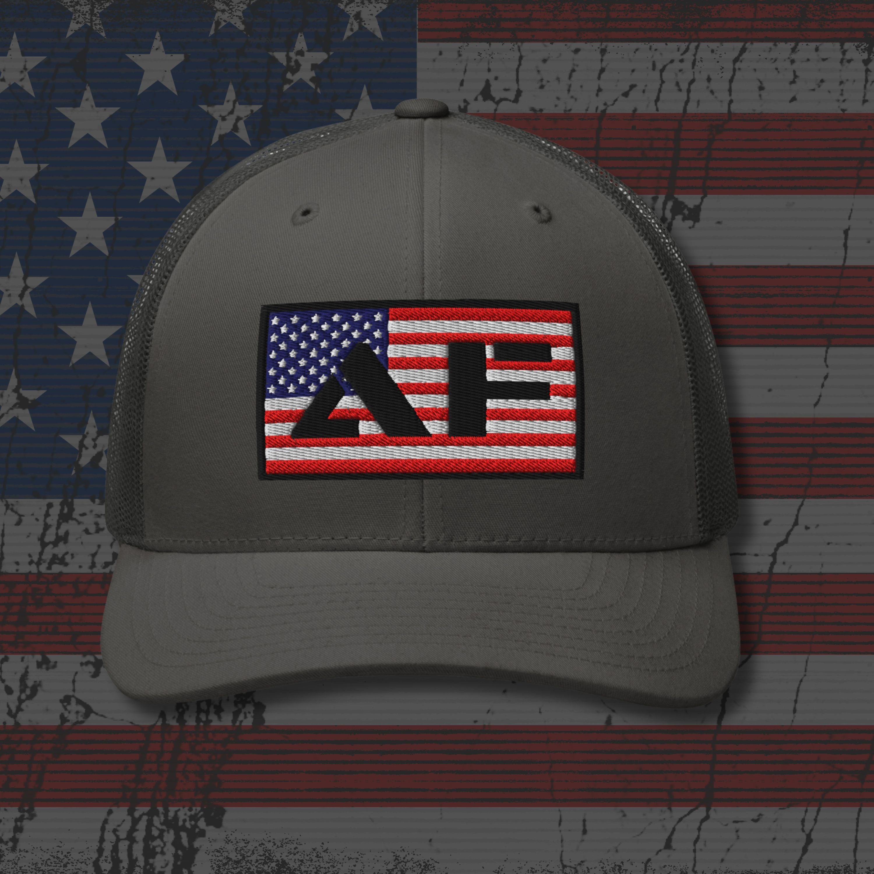 Gray cap with a flag patch on an American flag background