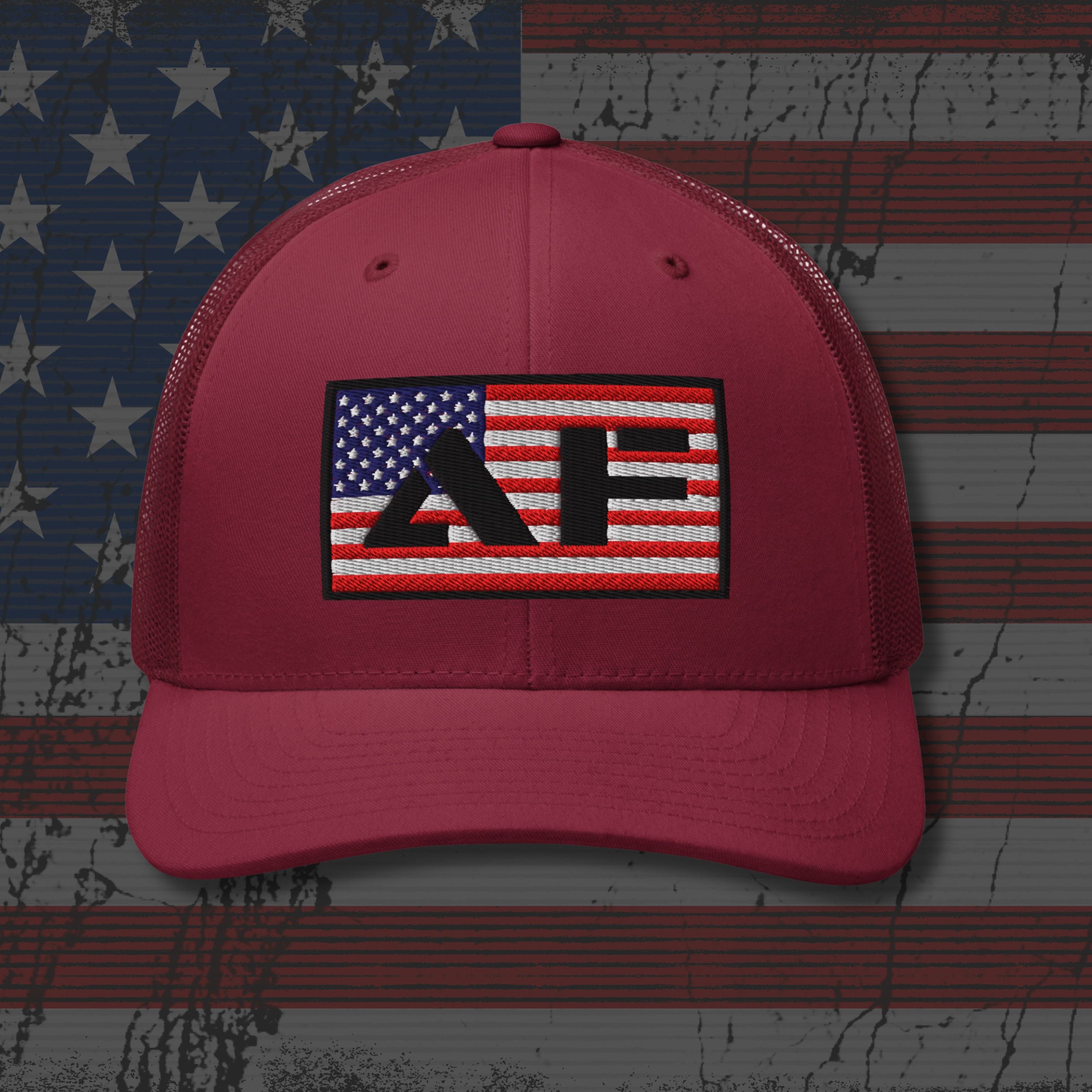 Pink cap with a logo on an American flag background