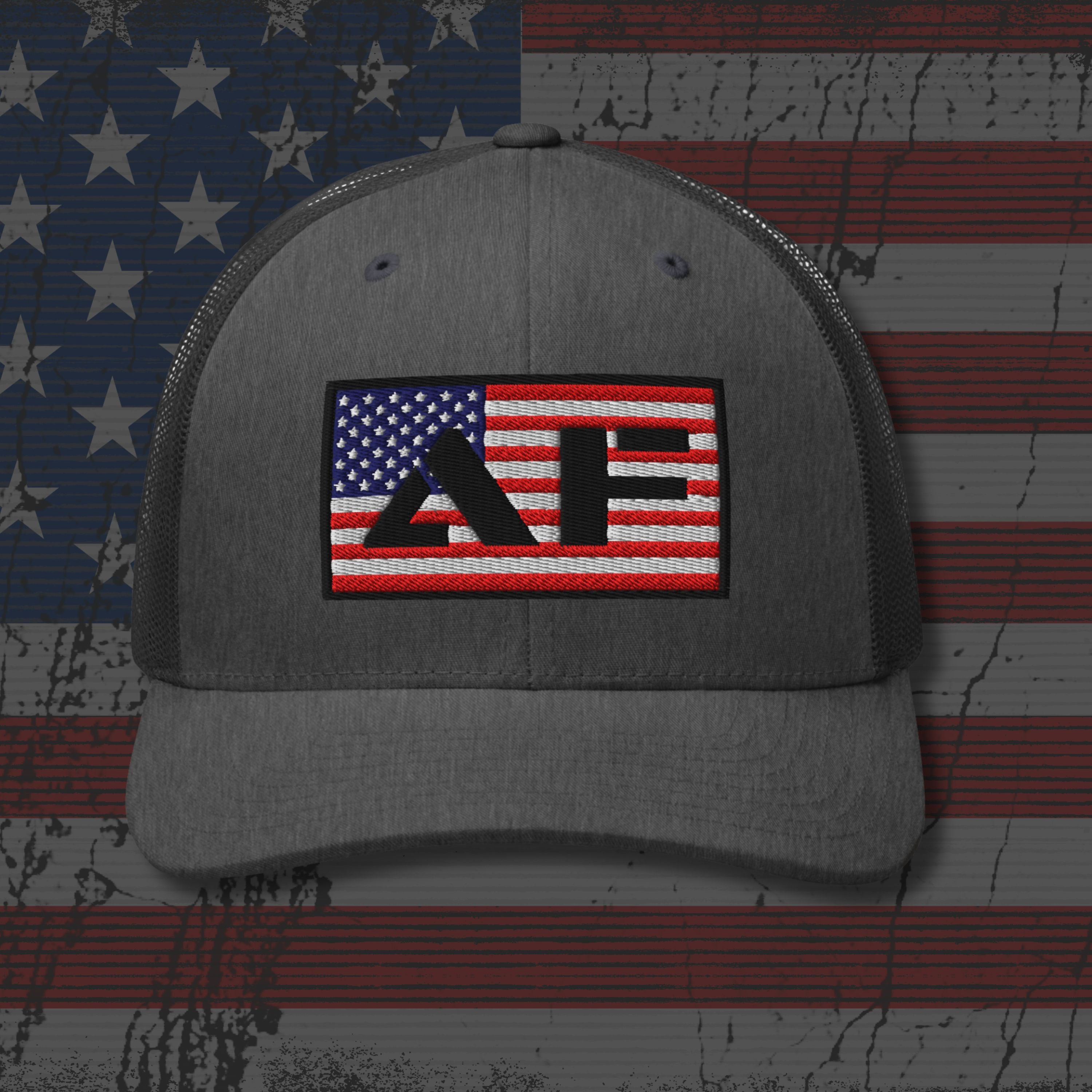 Gray cap with a logo on an American flag background