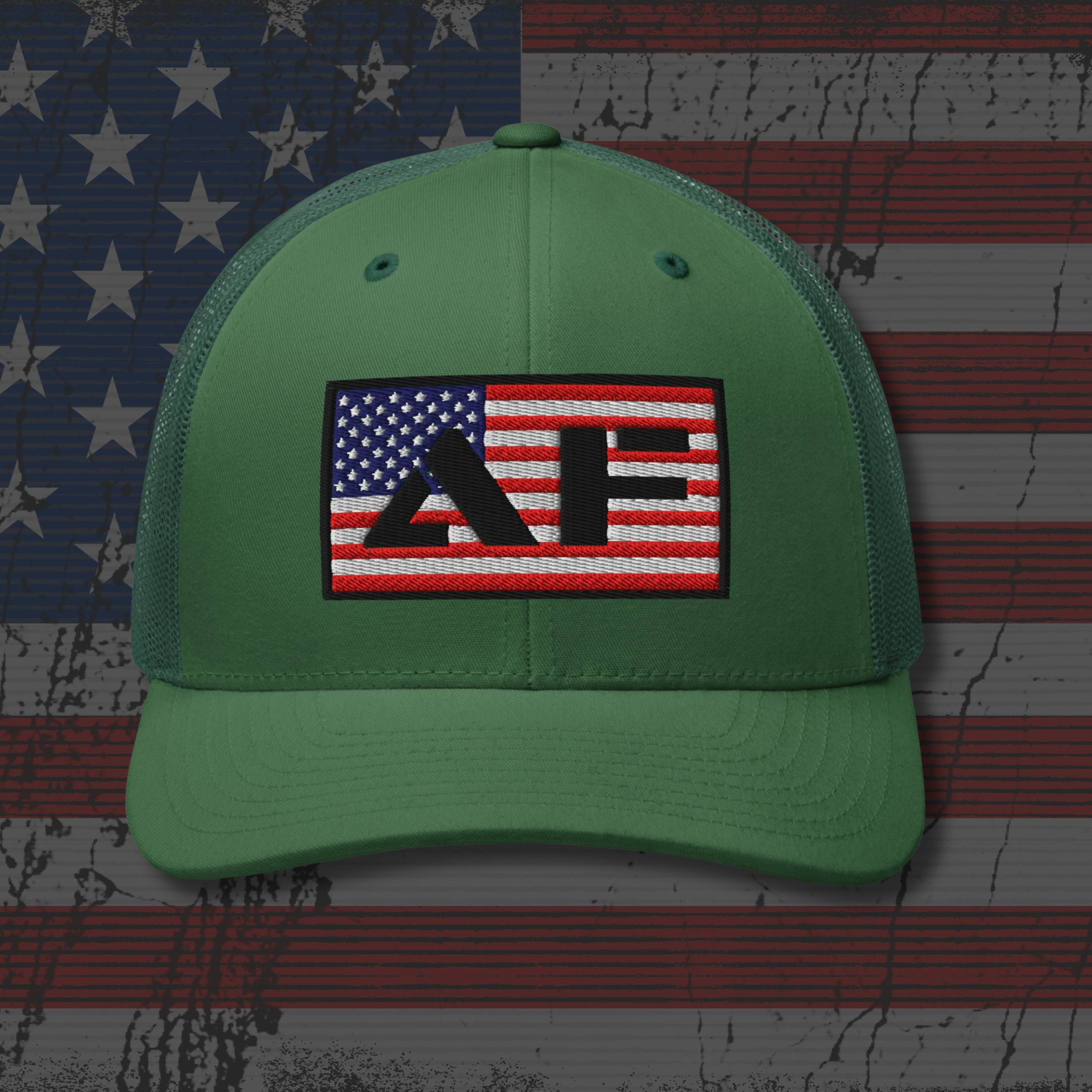 Green cap with a logo on an American flag background